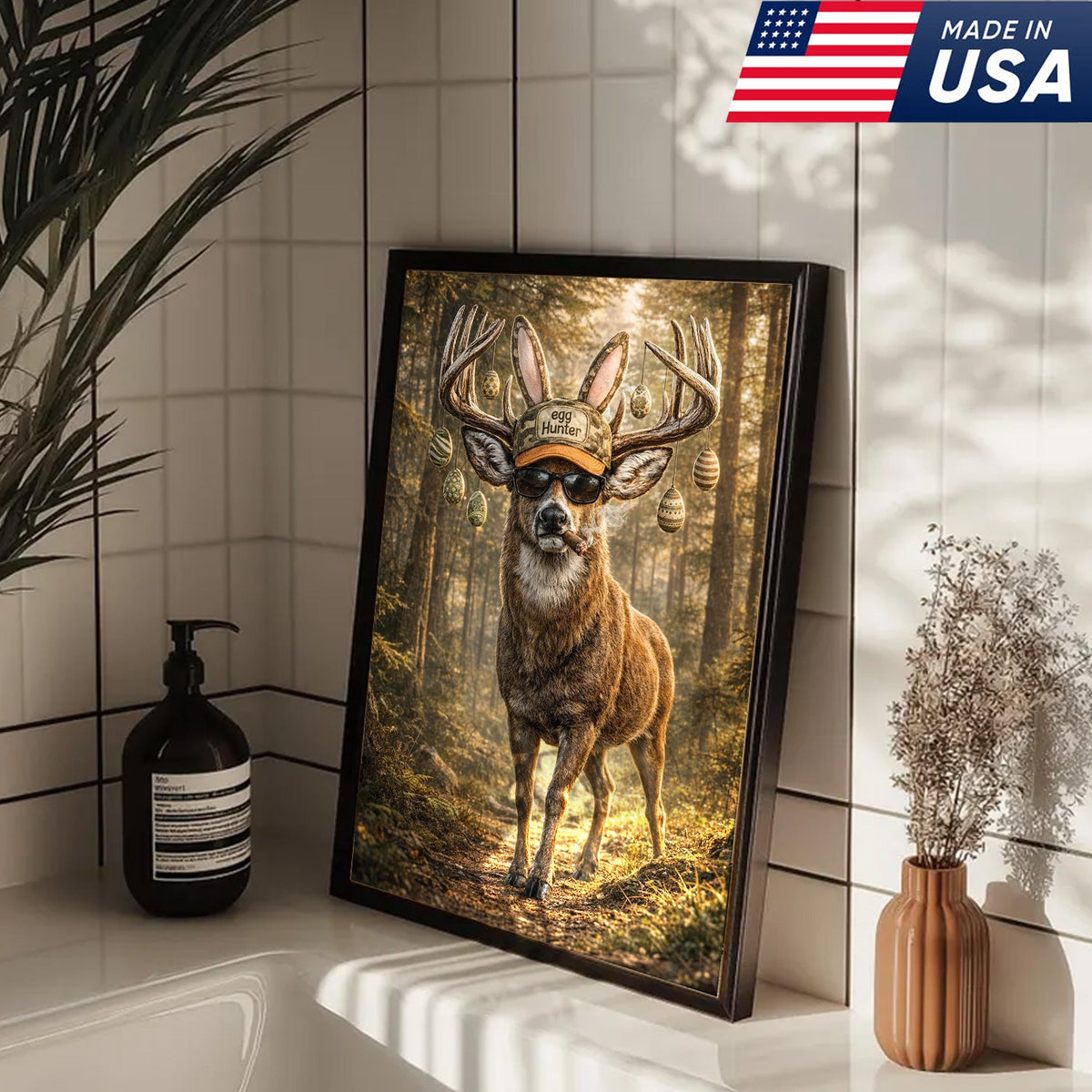 Funny Easter Deer Canvas Wall Art, Cool Egg Hunter Buck with Sunglasses