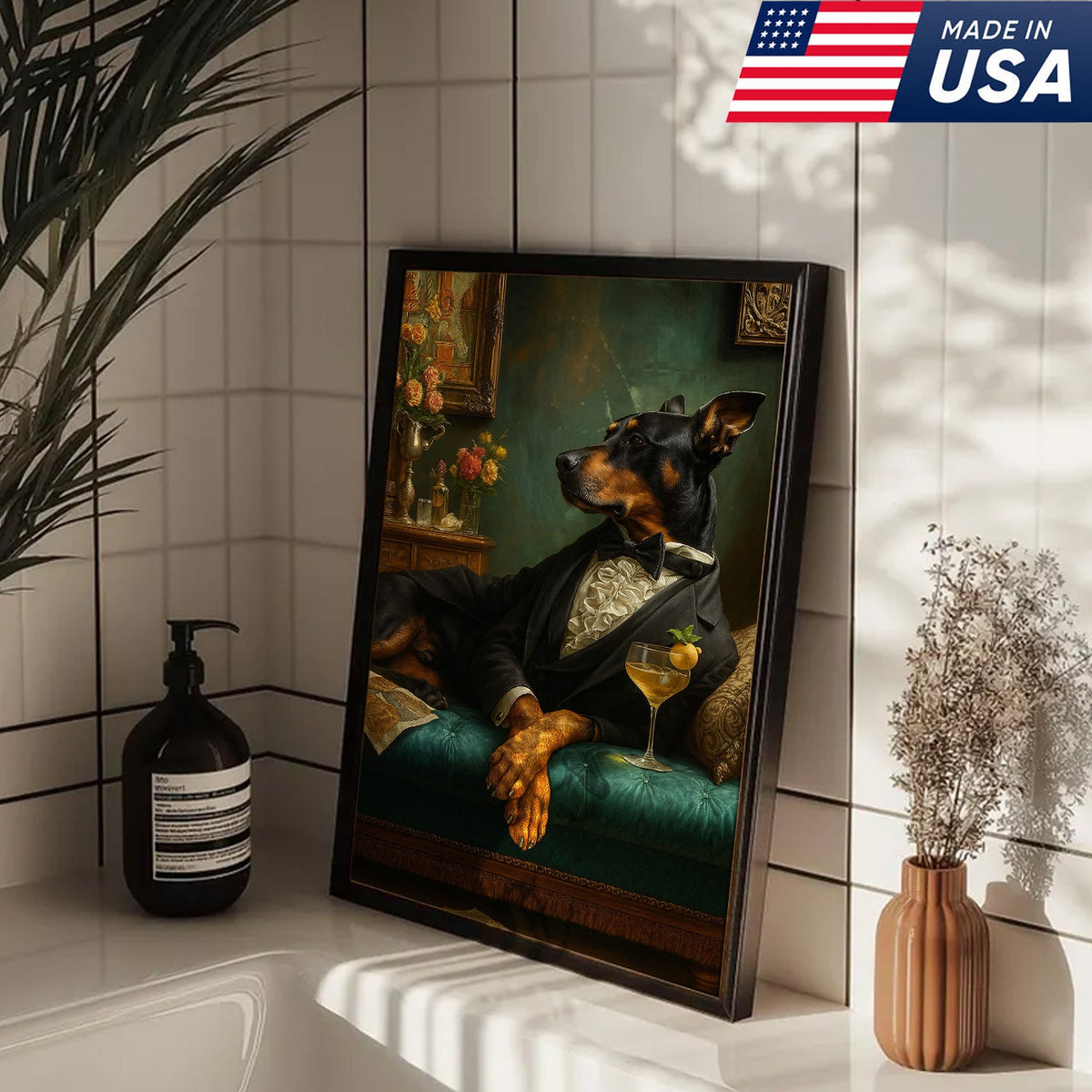 Elegant Doberman Gentleman Wall Art Canvas – Vintage Dog Portrait for Home Bar