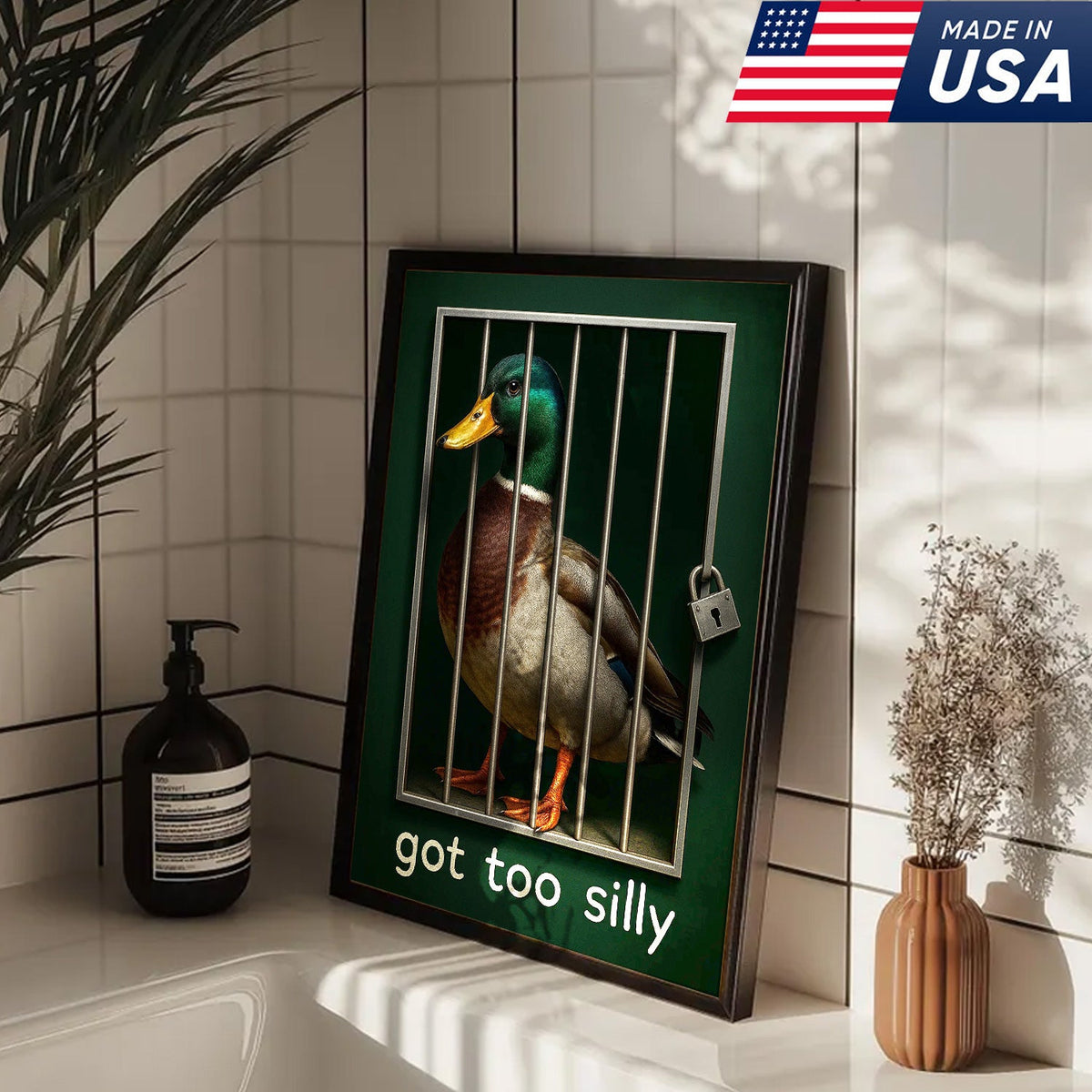 Silly Duck Canvas Wall Art – Funny Mallard Jail Print – Unique Rustic Cabin or Bathroom Decor