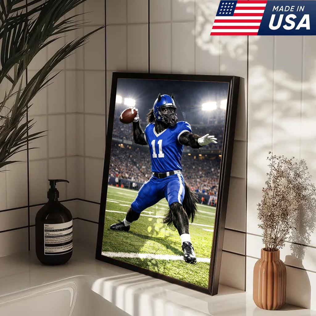 Power Stallion Quarterback Canvas Wall Art – Blue Uniform Horse Athlete Action Print