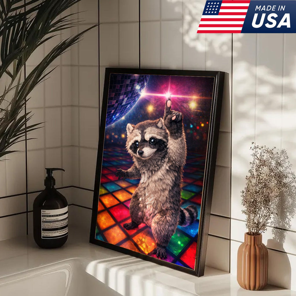 Disco Raccoon Wall Art Canvas Print, Funny Dancing Animal Illustration