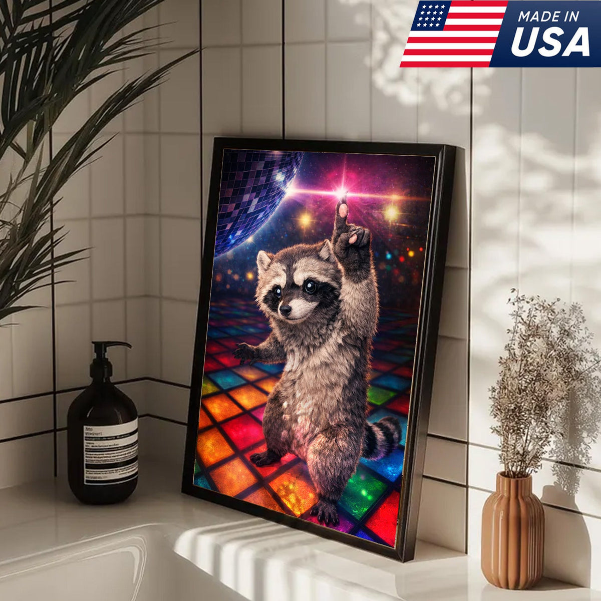 Disco Raccoon Wall Art Canvas Print, Funny Dancing Animal Illustration