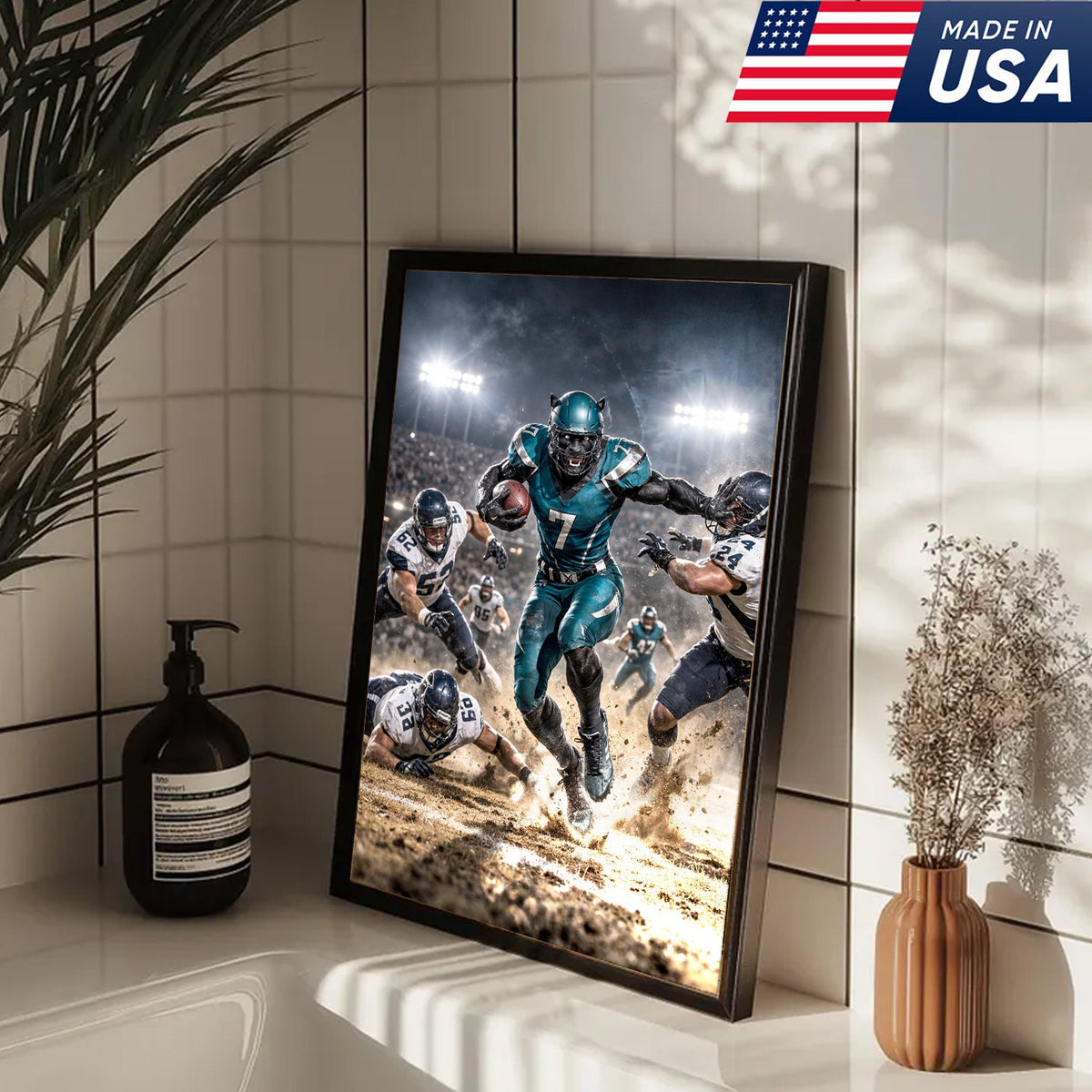 Black Panther Football Canvas Wall Art – Intense Stadium Action Sports Print