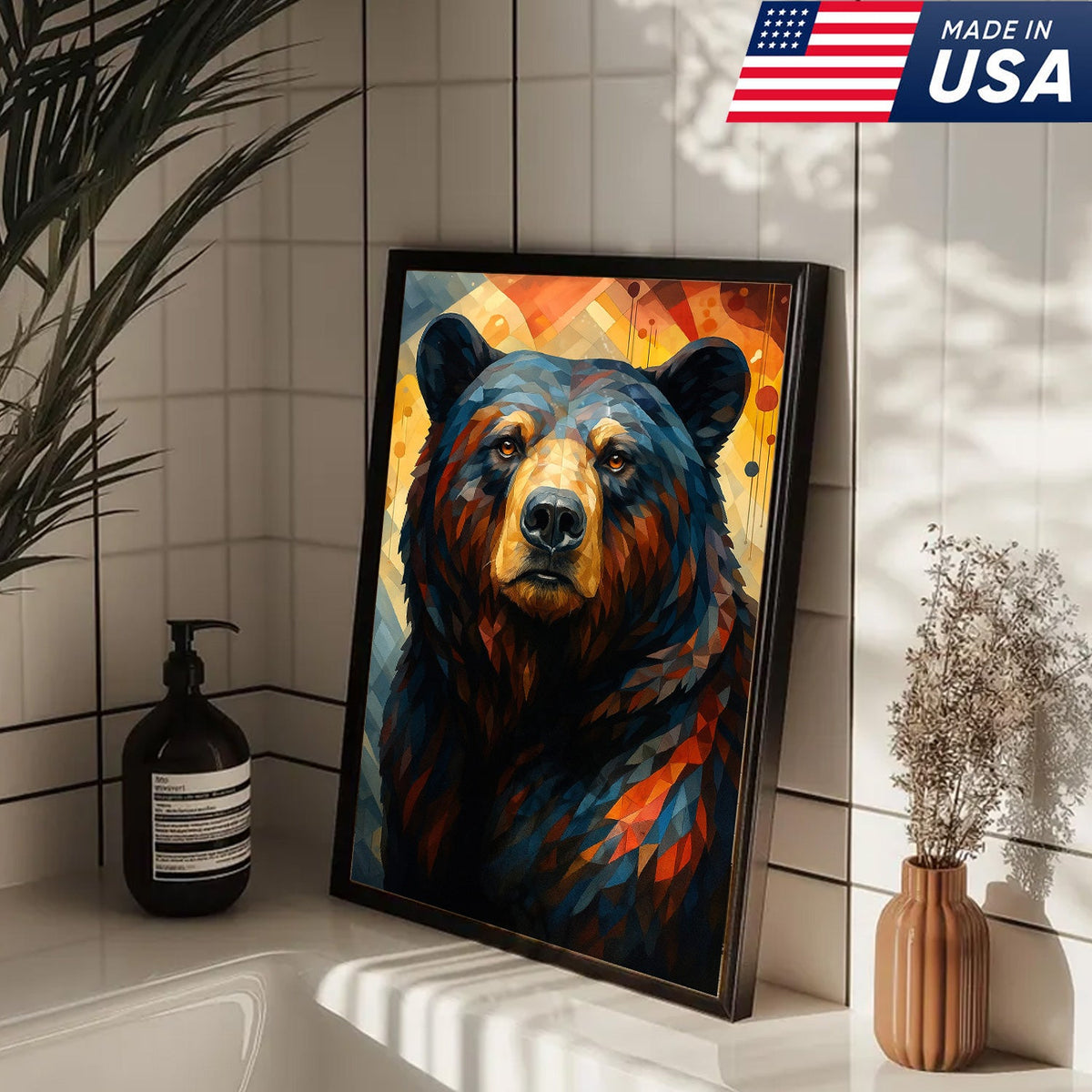 Geometric Bear Portrait Canvas – Modern Rustic Wall Art for Cabin & Man Cave Decor
