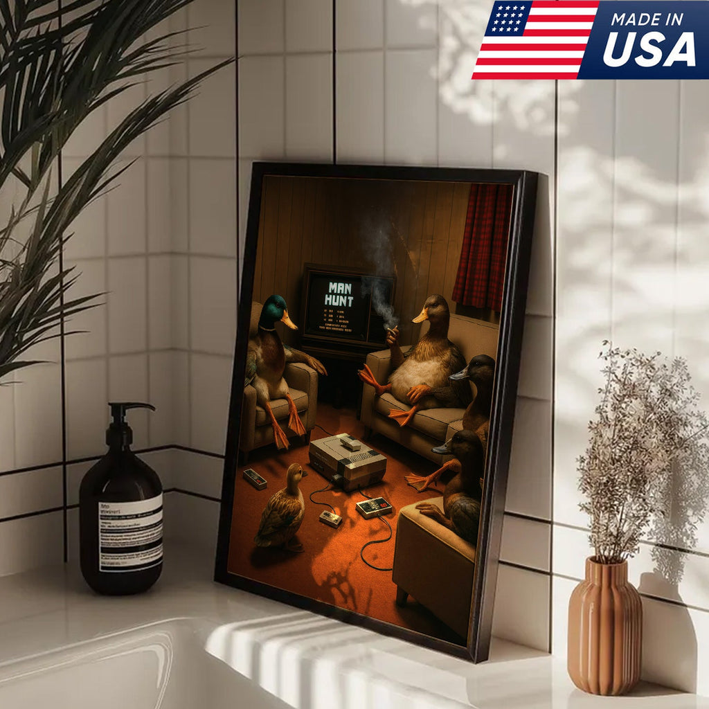 Funny Duck Hunter Retro Canvas Wall Art– Man Hunt Vintage Game Room Wall Art for Hunters