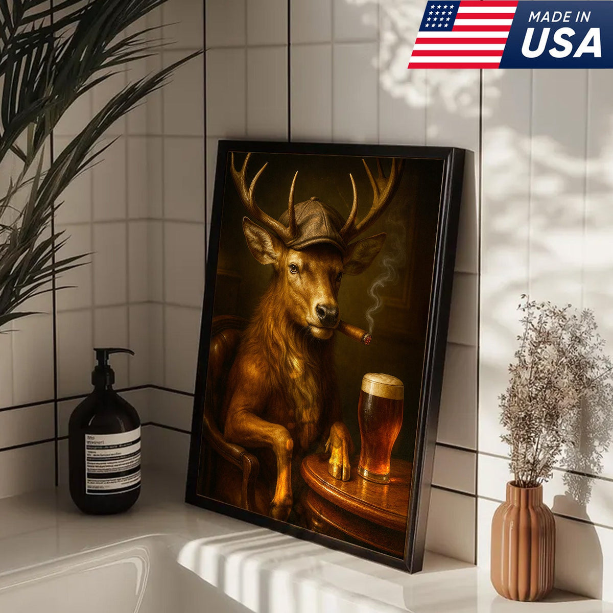Classy Deer Smoking Cigar Canvas – Rustic Beer Lover Wall Art for Cabin & Man Cave