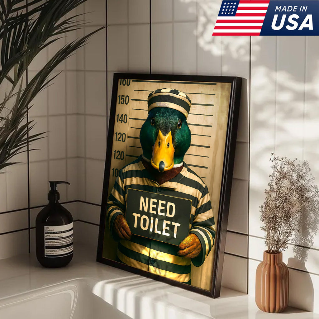 Funny Duck Mugshot Canvas – Bathroom Wall Art for Men, Toilet Humor Decor, Gag Gift Idea