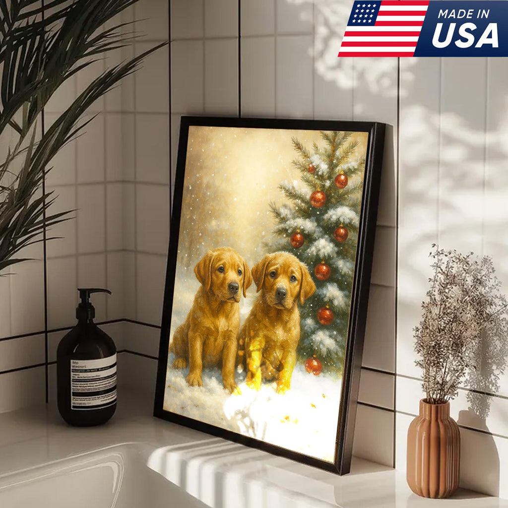 Christmas Golden Puppies Canvas Wall Art – Cute Labrador Dog Holiday Canvas Print