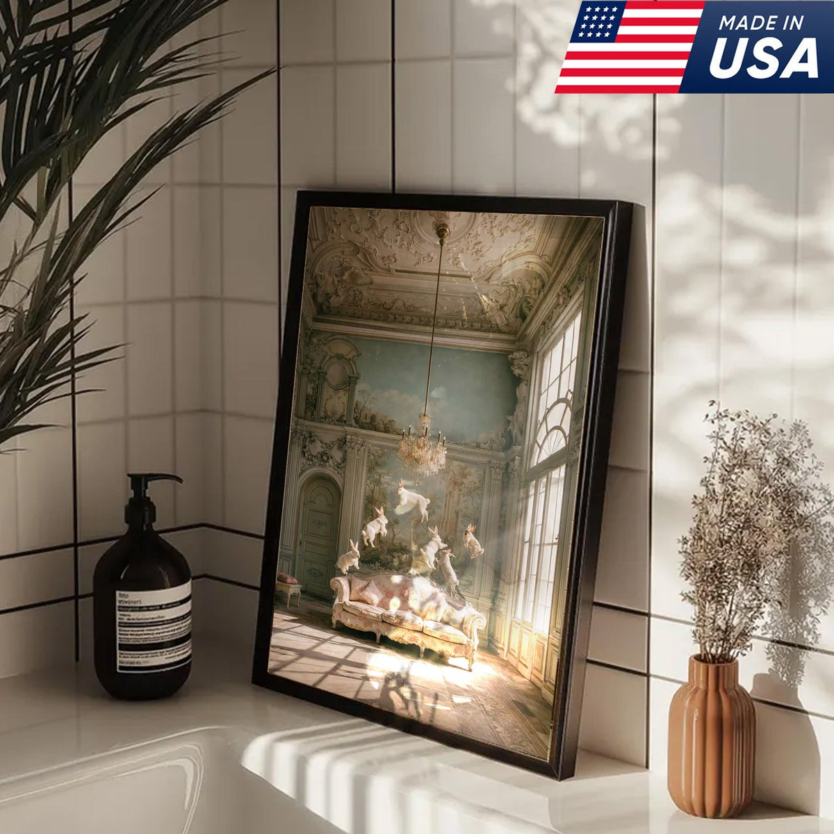 Surreal Floating Rabbits Canvas Wall Art, Dreamy Bunny Dance in Elegant Palace Interior