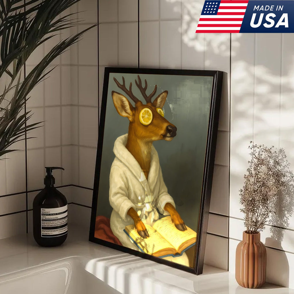 Funny Deer Spa Portrait Wall Art – Relaxing Deer With Lemon Eyes, Whimsical Animal Painting