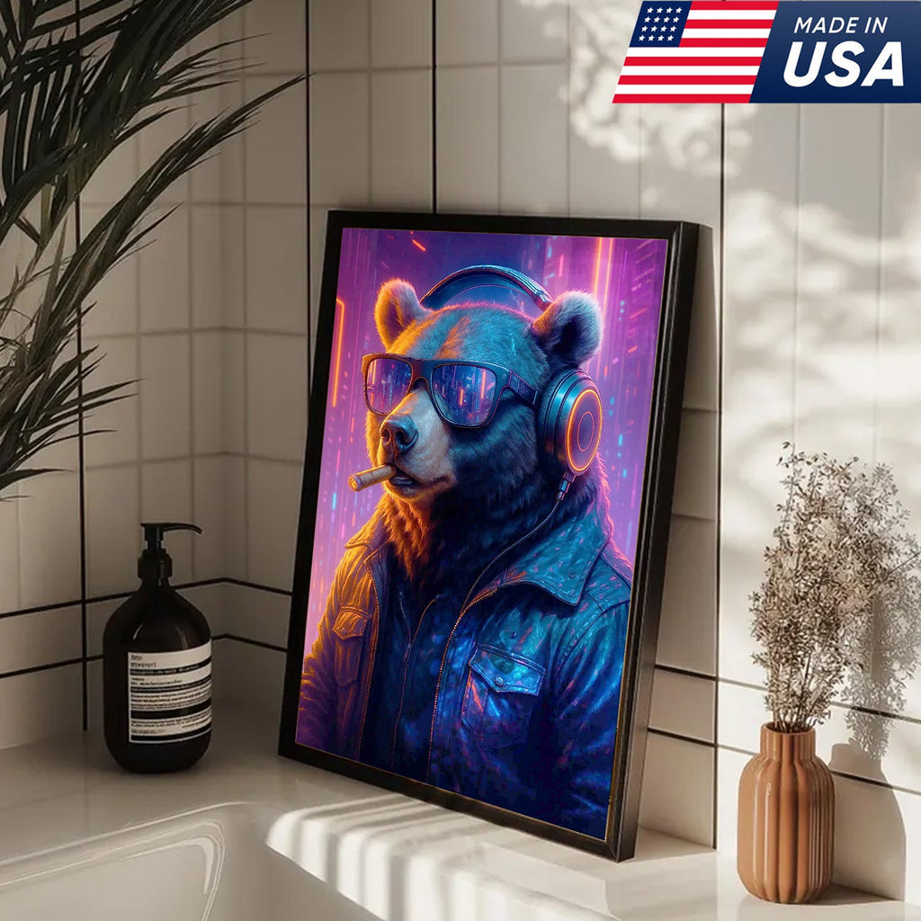 Cyberpunk Bear Wall Art Canvas, Cool DJ Bear with Headphones Neon City Decor