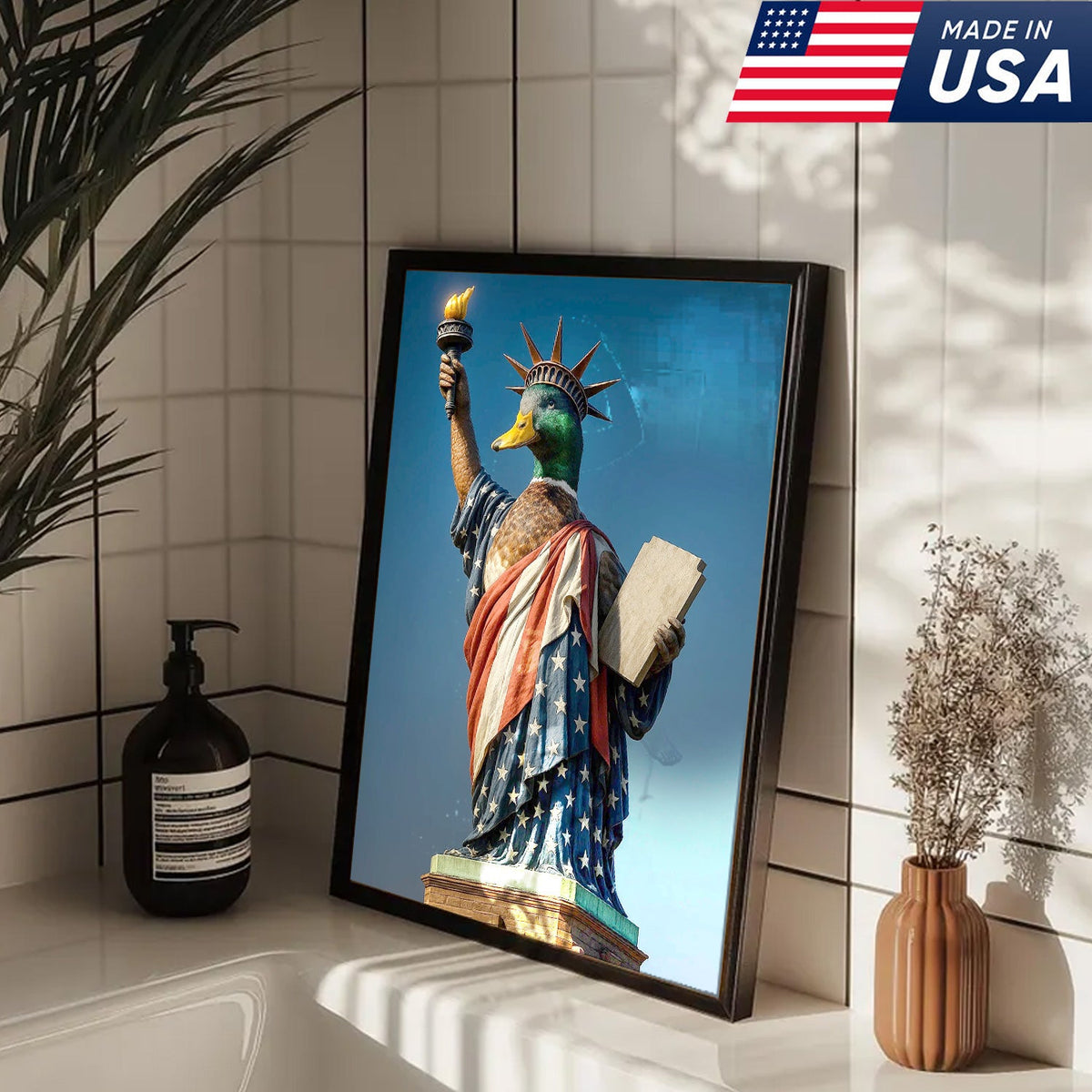 Duck of Liberty Canvas Wall Art, Funny Patriotic Duck Statue Artwork