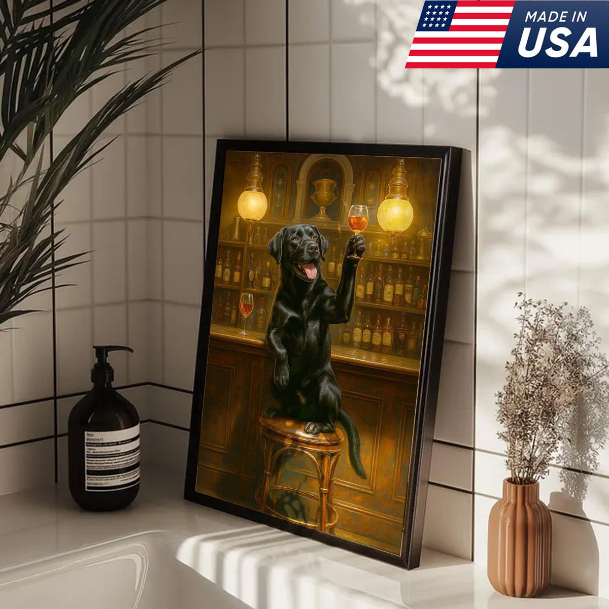 Bar Dog Canvas Art – Cheerful Black Labrador Raising a Fancy Drink