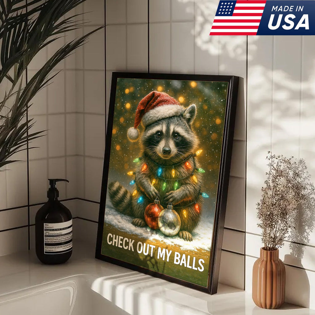 Funny Christmas Raccoon Canvas Art – Cute Holiday Raccoon with Lights & Ornaments