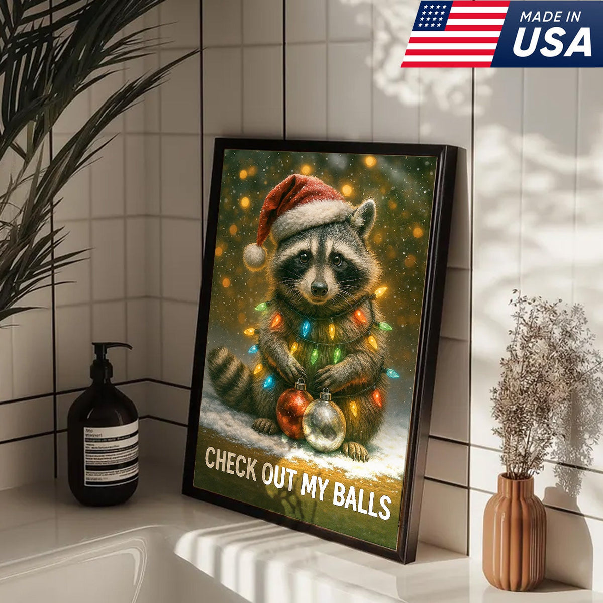 Funny Christmas Raccoon Canvas Art – Cute Holiday Raccoon with Lights & Ornaments
