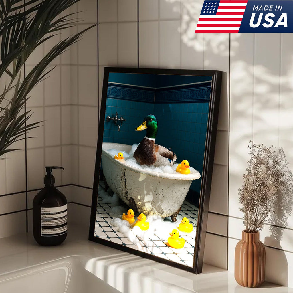 Bubble Bath Duck Canvas Art – Funny Duck in Foamy Tub with Rubber Ducklings