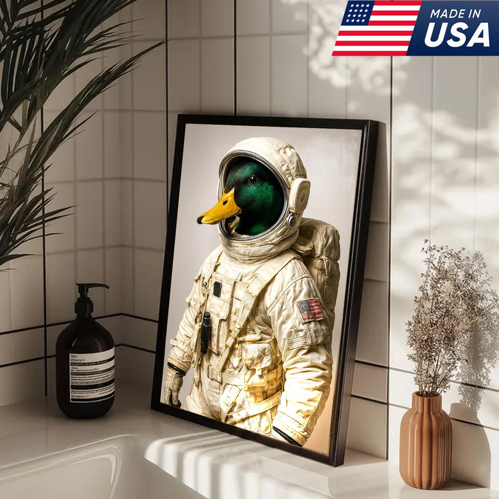 Astronaut Duck Canvas Art – Space Explorer Duck in Full Spacesuit, Whimsical Animal Wall Decor