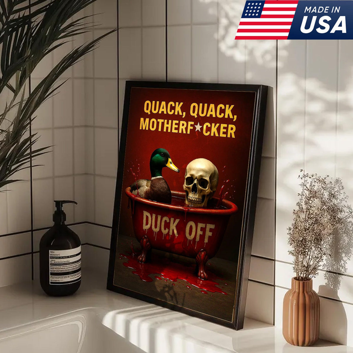 Dark Humor Duck Canvas Art – Savage Duck in Bloody Tub with Skull, Horror-Style “Duck Off” Wall Decor