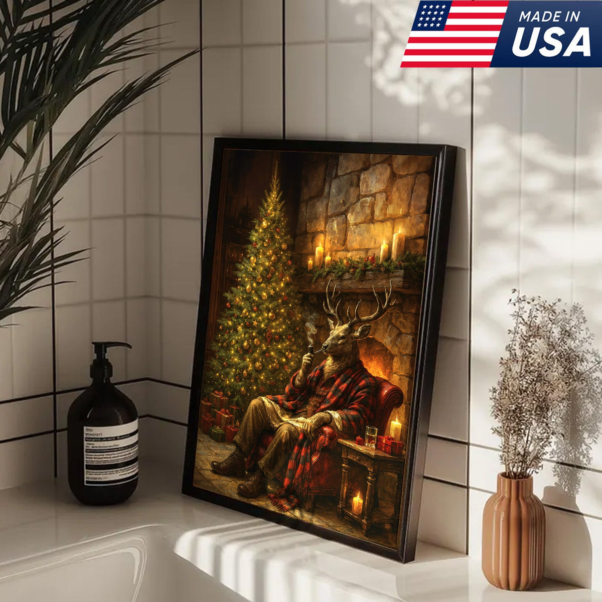 Christmas Deer Smoking Pipe Canvas - Cozy Cabin Wall Decor, Rustic Holiday Artwork