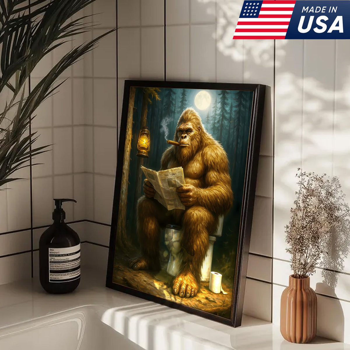 Funny Bigfoot Bathroom Canvas Wall Art, Sasquatch Reading Newspaper Picture