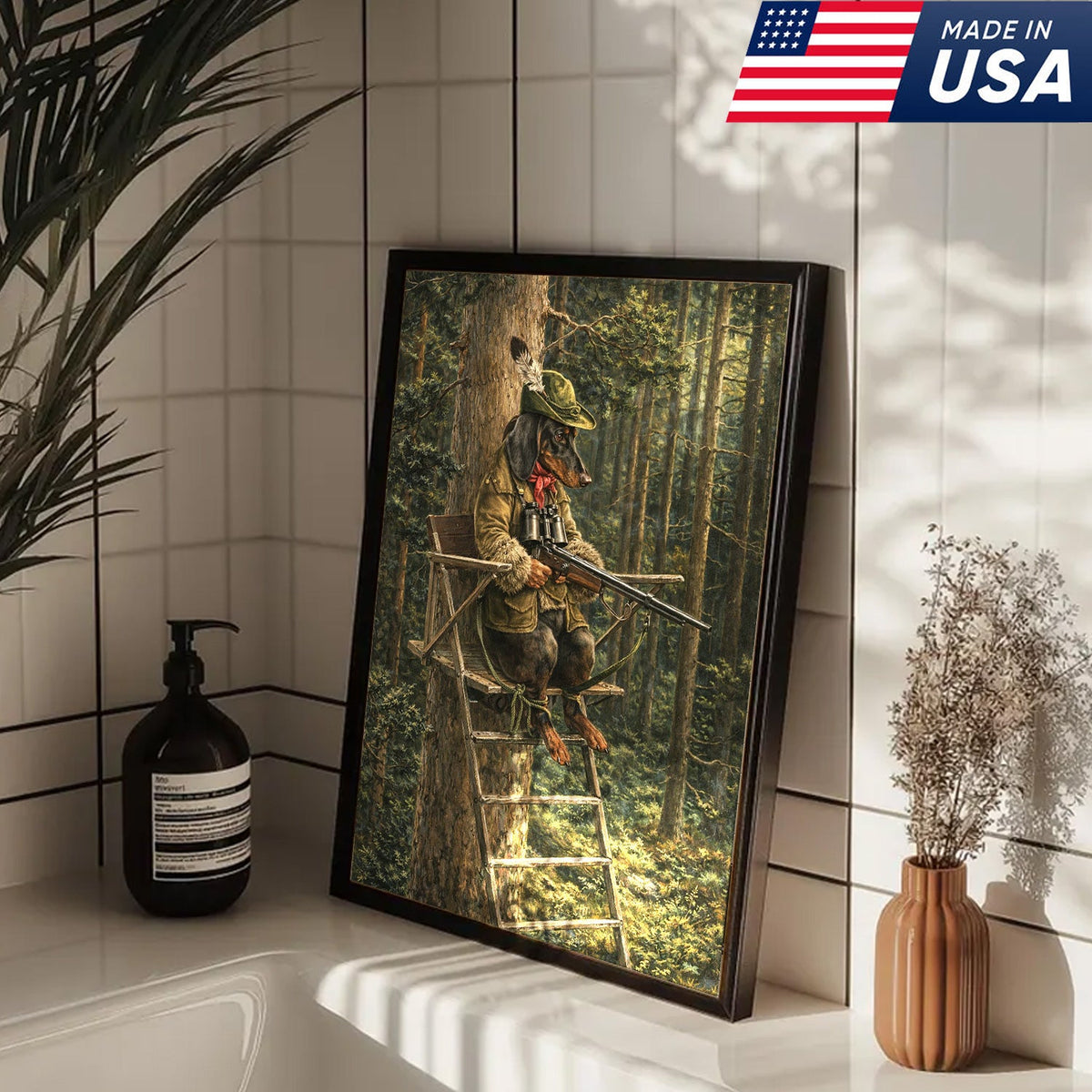 Funny Hunting Dog Wall Art, Dachshund Hunter Tree Stand Canvas