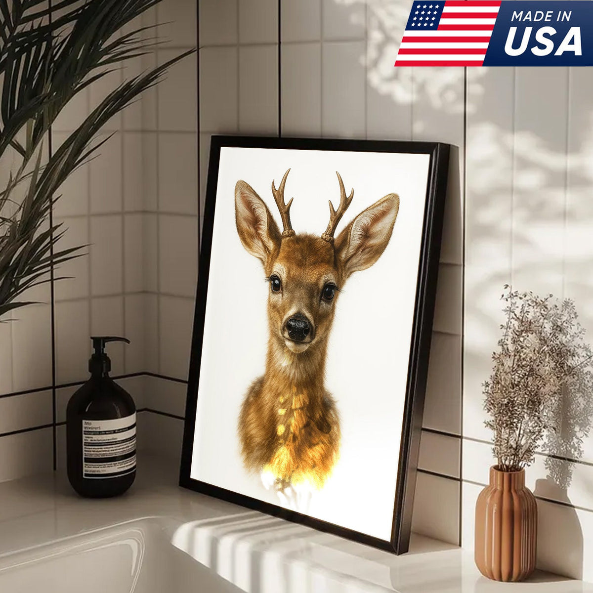 Minimalist Deer Canvas Wall Art, Realistic Baby Buck Portrait, Modern Wildlife Animal Print