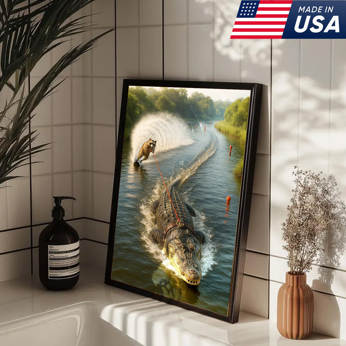 Racoon Water Skiing with Alligator Canvas Wall Art, Funny Animal Adventure Decor