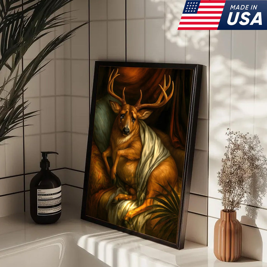 Funny Deer Portrait Canvas Wall Art, Renaissance Buck Painting with Draped Cloth