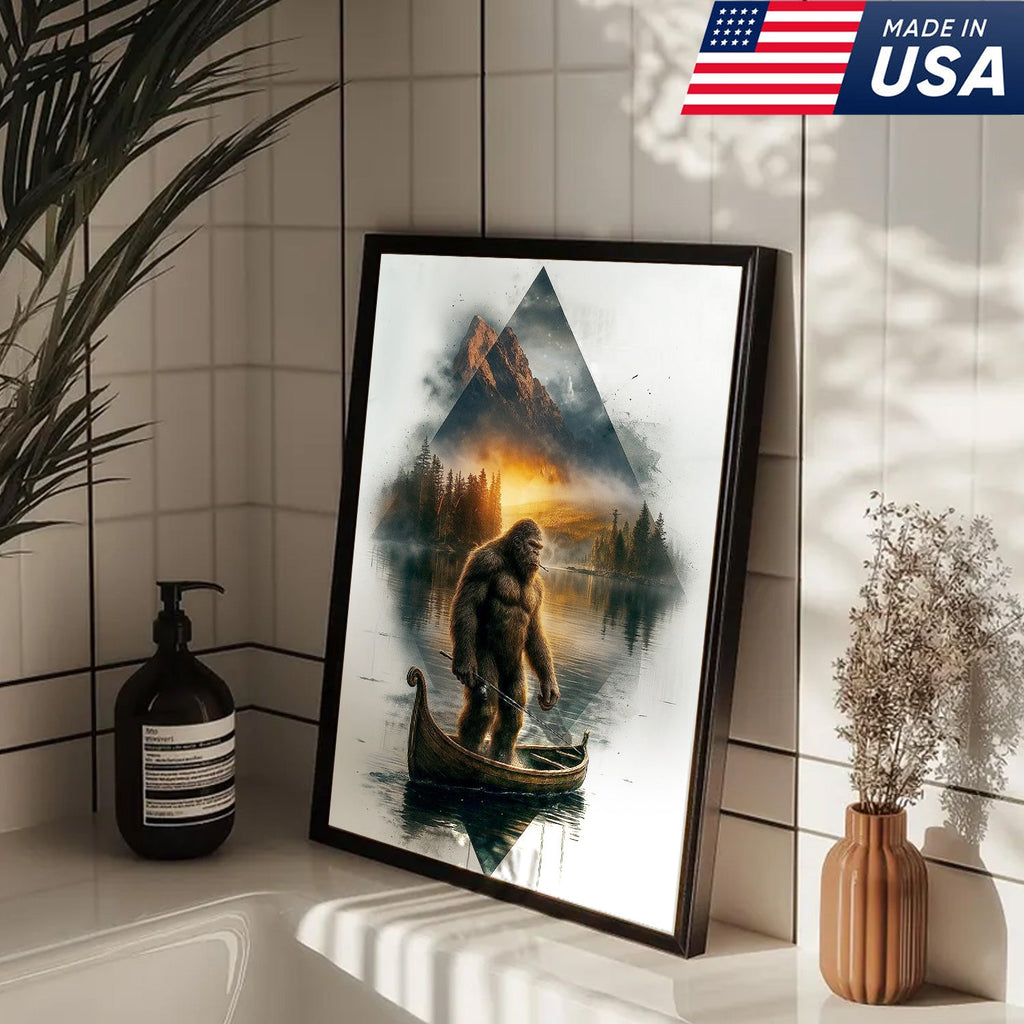 Bigfoot Fishing On Wooden Boat Adventure Canvas Wall Art – Mysterious Forest Lake Decor