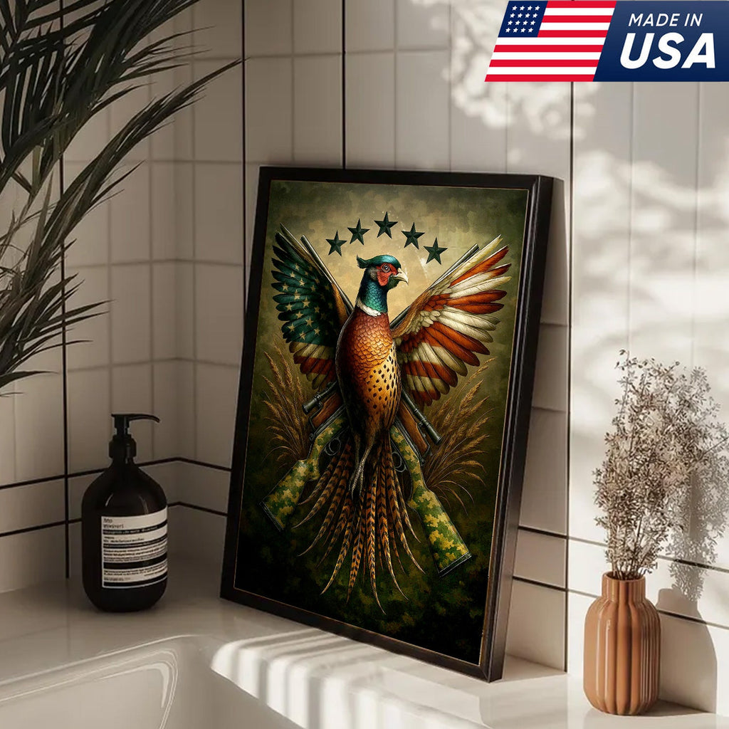 American Flag Pheasant Canvas Wall Art, Patriotic Hunting Decor for Men, Rustic Cabin Artwork