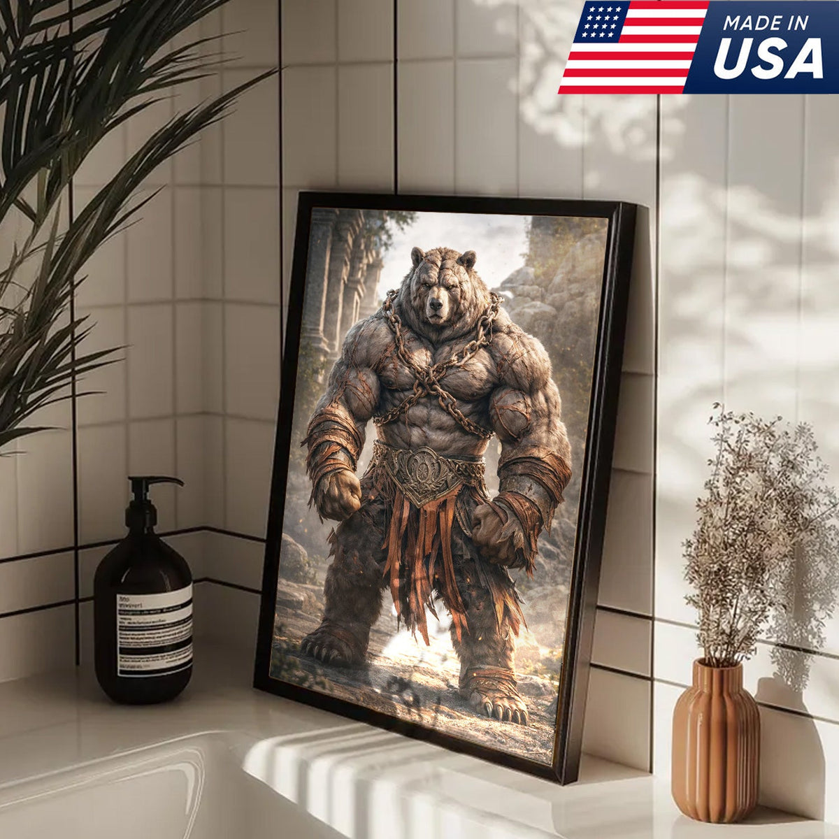 Epic Warrior Bear Canvas Wall Art – Fantasy Barbarian Animal Print
