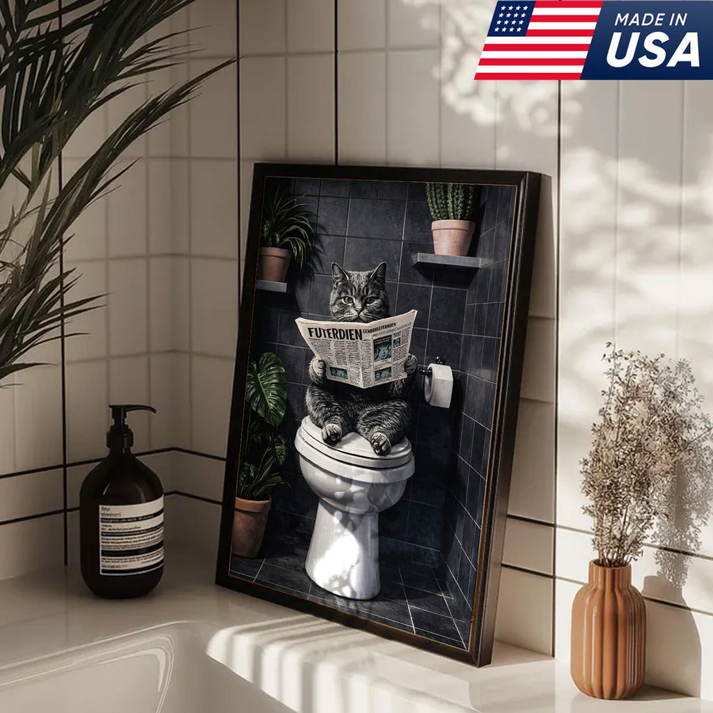 Funny Cat Bathroom Canvas – Cat On Toilet Wall Art – Meme Decor