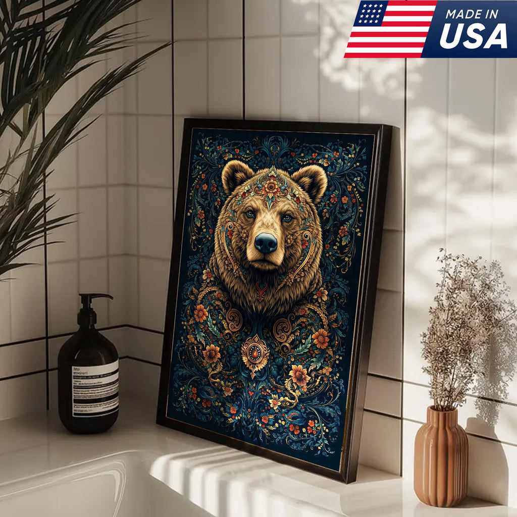 Ornate Floral Bear Canvas Wall Art, Majestic Bear Portrait with Decorative Pattern