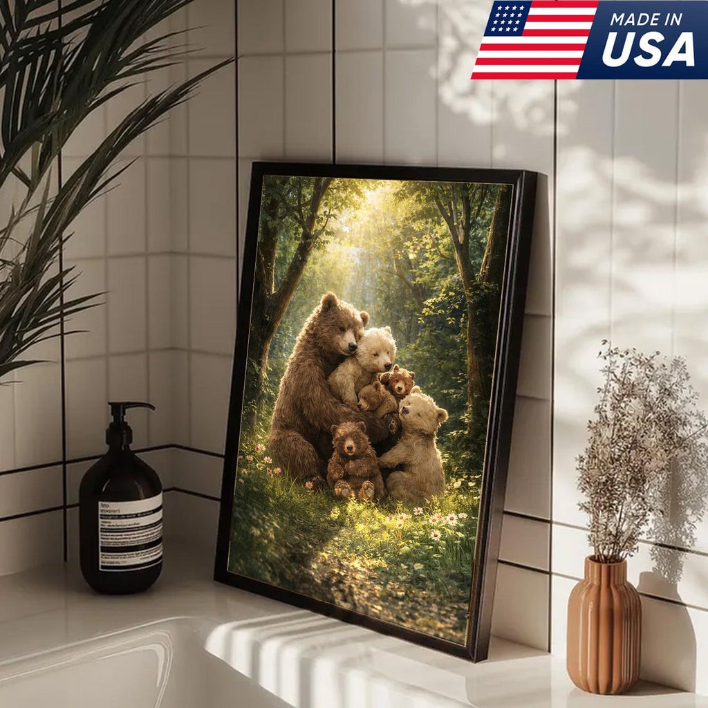 Heartwarming Bear Family Canvas Wall Art, Mother Bear with Cubs in Sunlit Forest