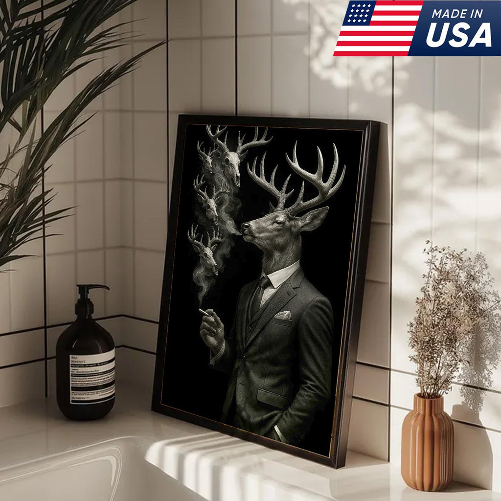 Gentleman Deer Canvas Wall Art, Elegant Buck in Suit Artwork, Rustic Cabin Decor for Hunters