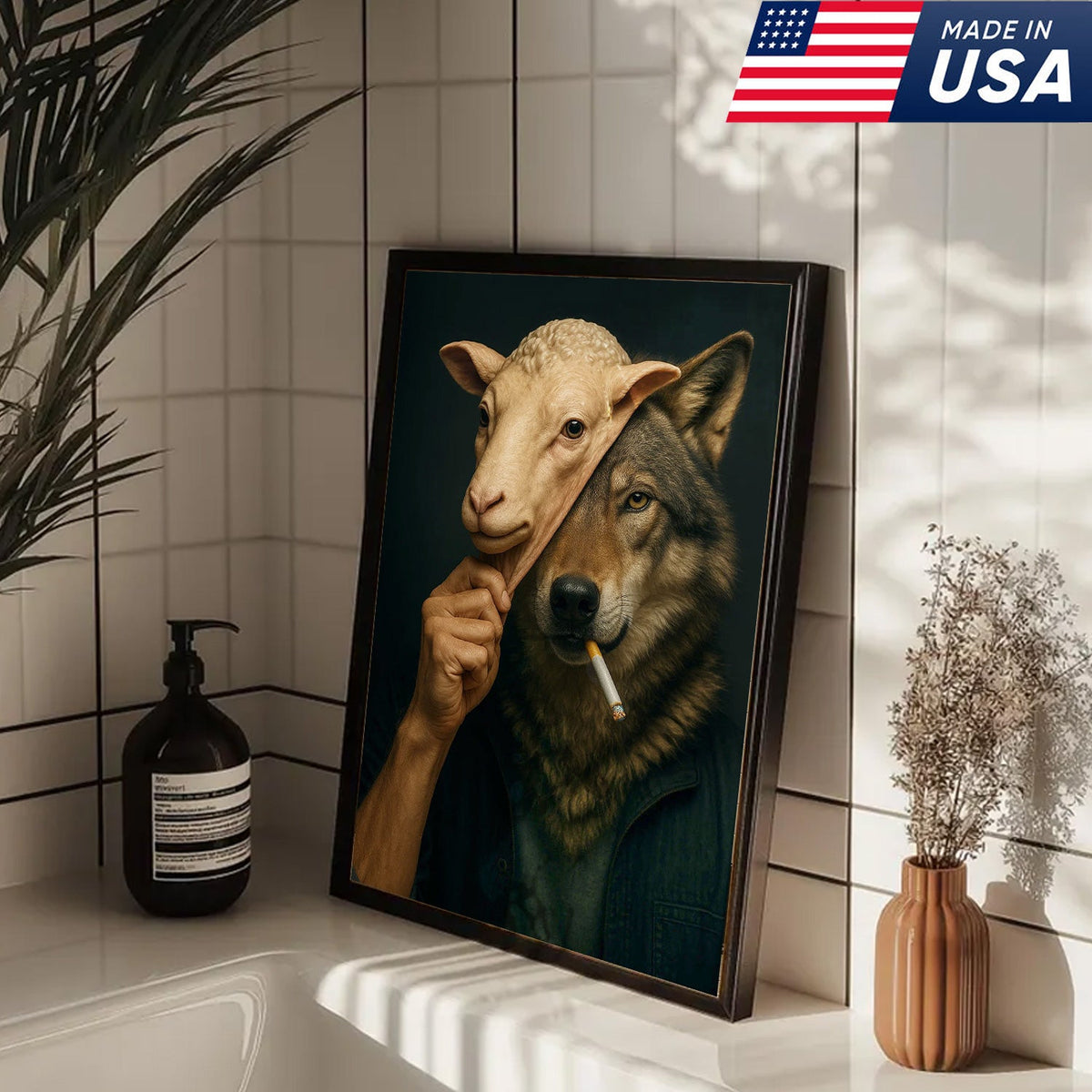 Dark Humor Wolf Wall Art — “Wolf in Sheep’s Clothing” Smoking Cigarette Concept Canvas