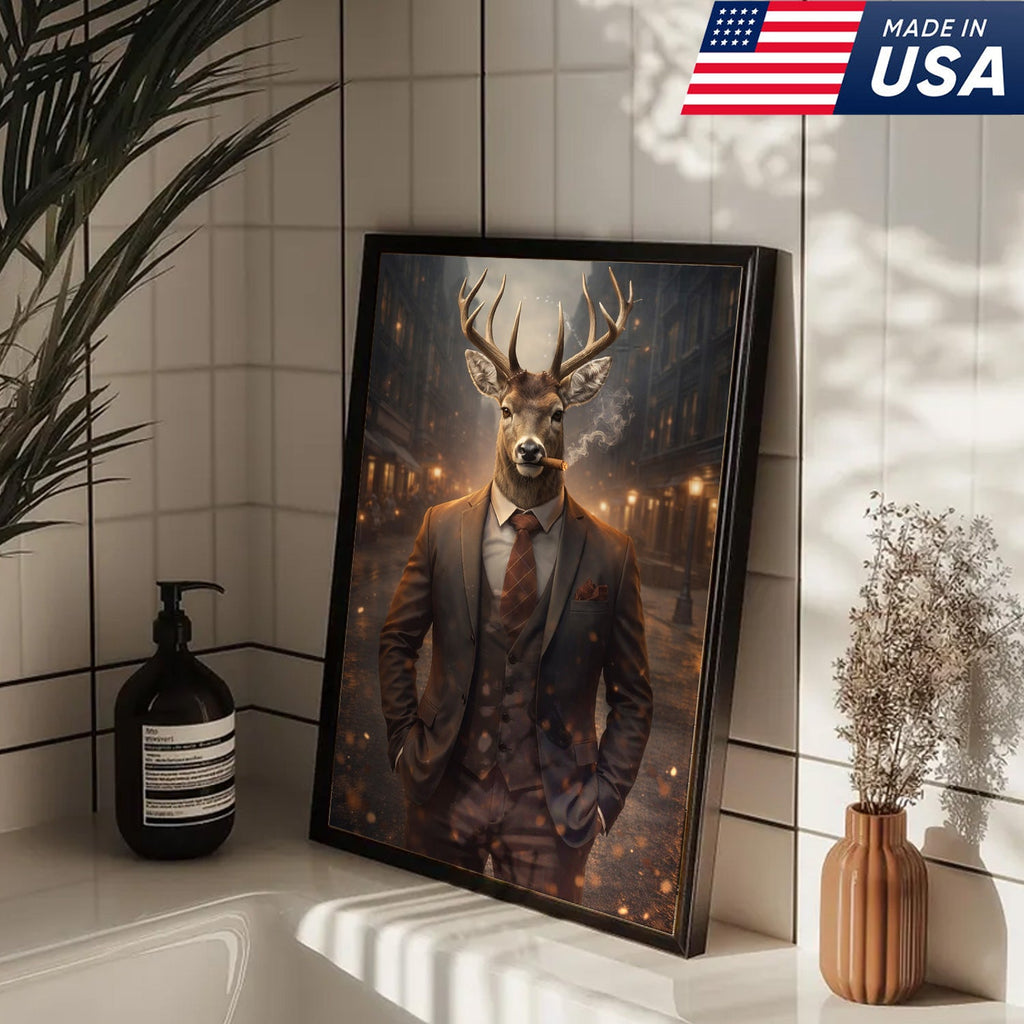 Stylish Deer Gentleman Canvas Wall Art, Anthropomorphic Animal City Night Artwork