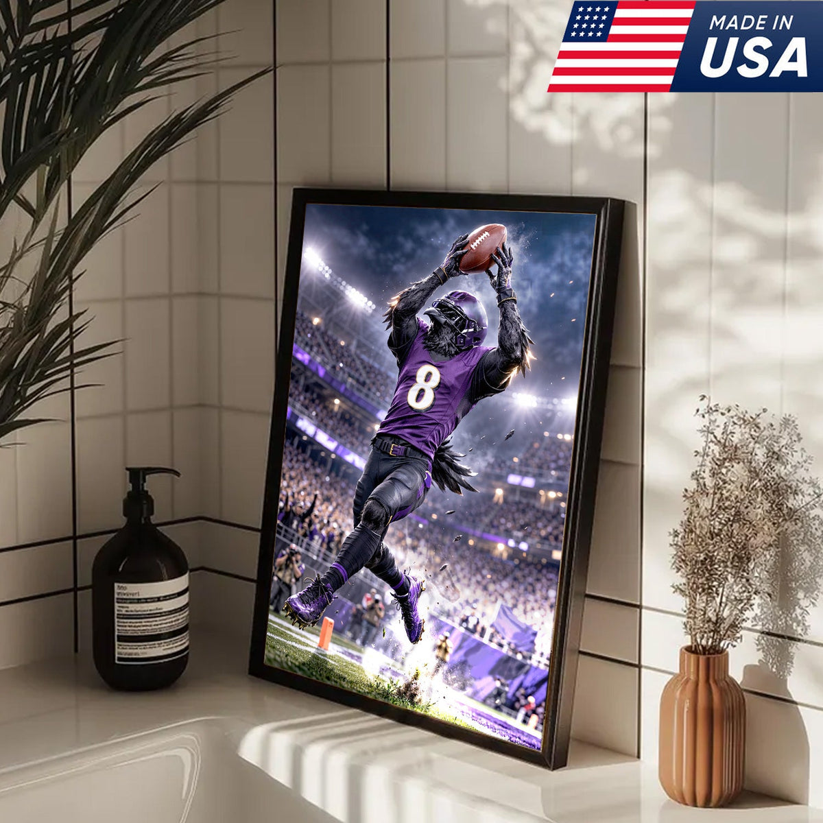 Raven Football Player Canvas Wall Art – Purple Stadium Touchdown Action Print