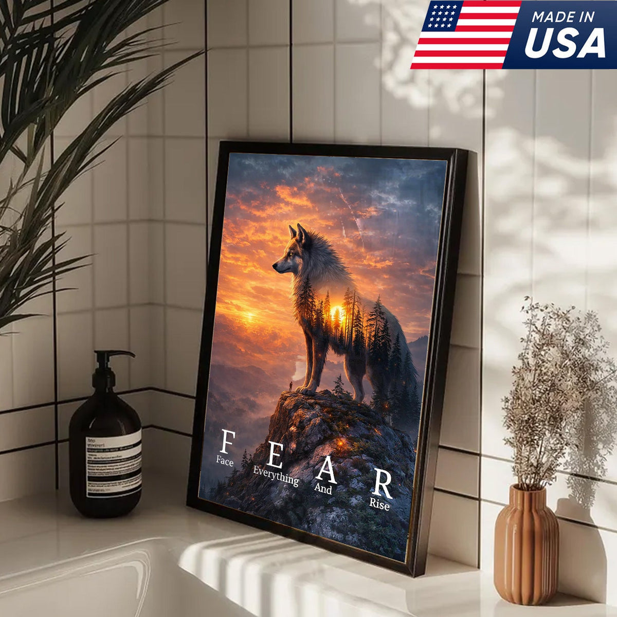 Fear Face Everything And Rise Wolf Canvas Wall Art, Inspirational Sunset Wolf Artwork