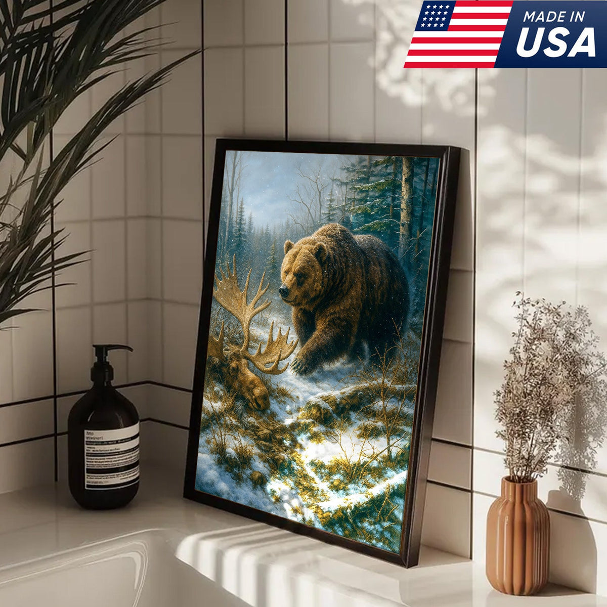 Grizzly Bear and Moose Wilderness Wall Art – Rustic Hunting Canvas for Cabin & Lodge Decor