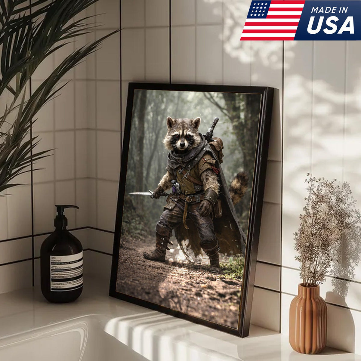 Epic Raccoon Warrior Wall Art Canvas Print, Fantasy Adventurer Animal Illustration