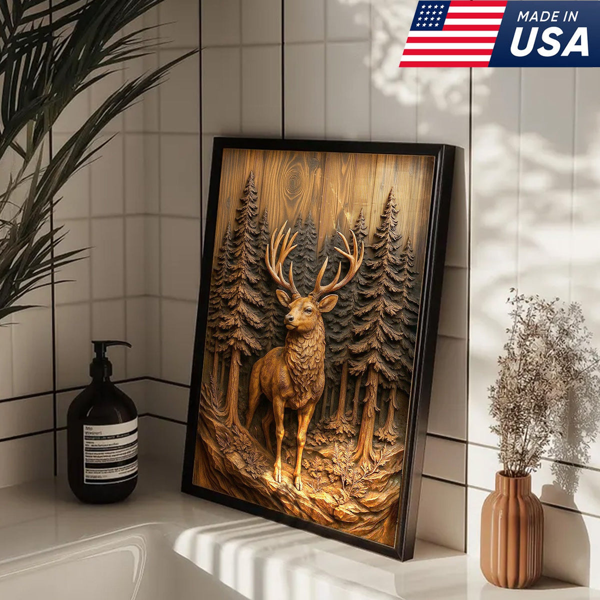 Deer in Pine Forest Canvas Wall Art, Rustic Wood Carved Look Buck Artwork