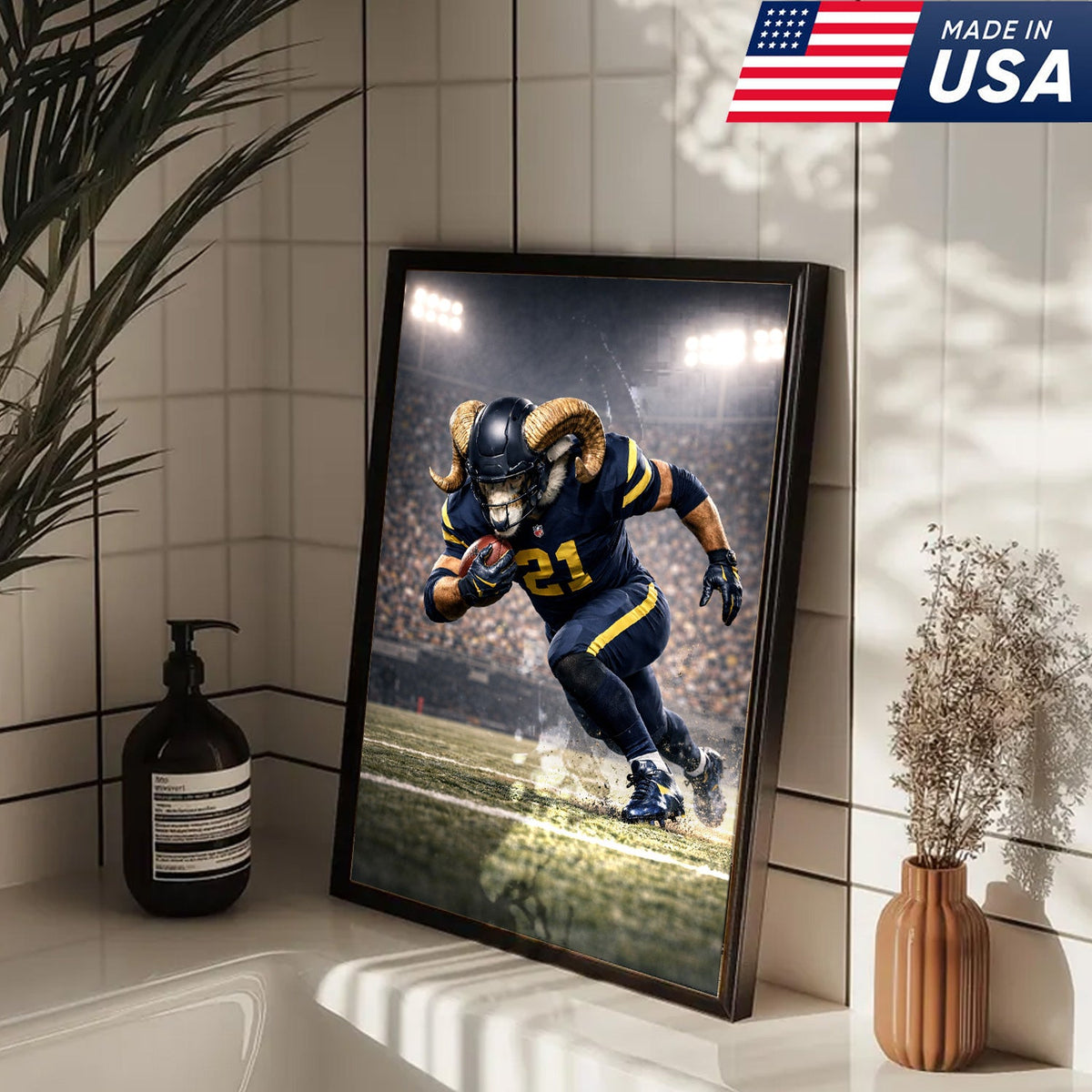 Mighty Ram Football Canvas Wall Art – Horned Athlete Stadium Action Print