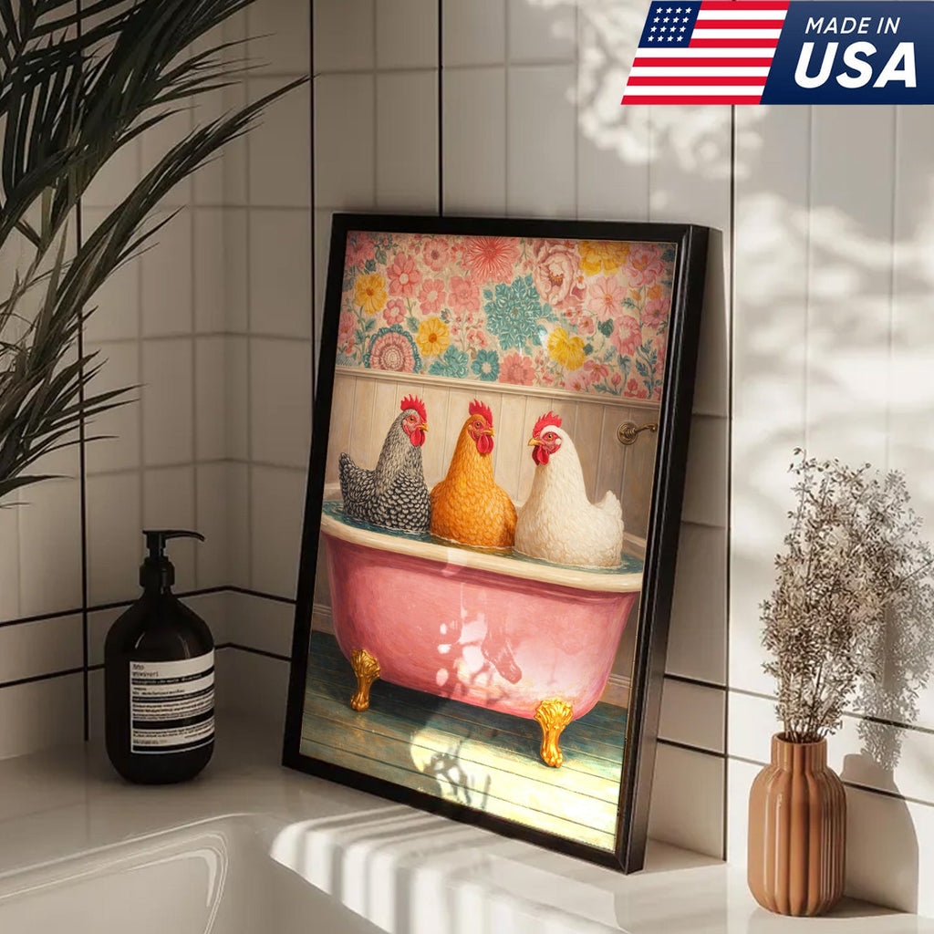 Funny Chicken Bathroom Canvas Wall Art – Chickens In Bathtub Painting