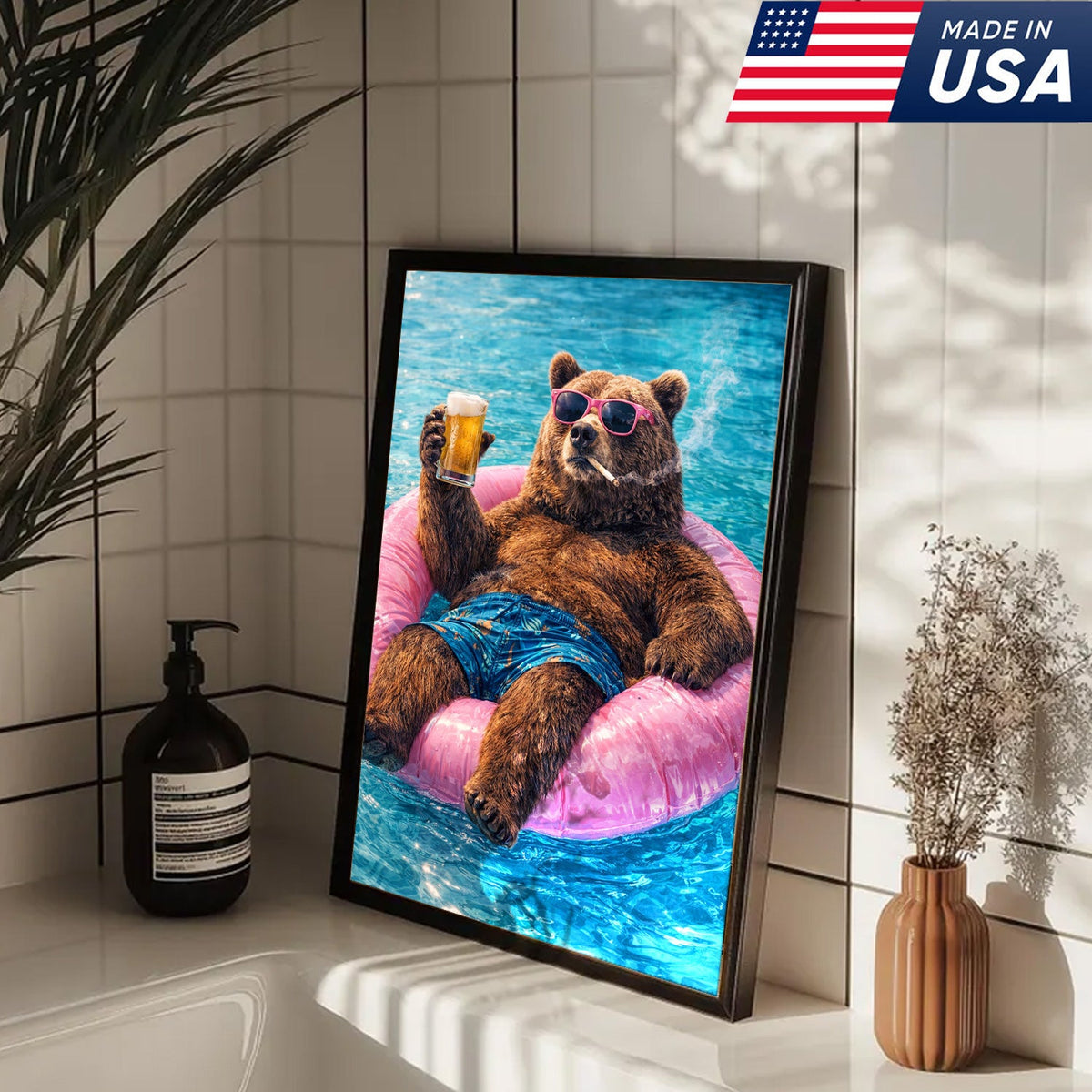 Funny Bear Pool Canvas Wall Art – Cool Bear Drinking Beer Funny Animal Decor