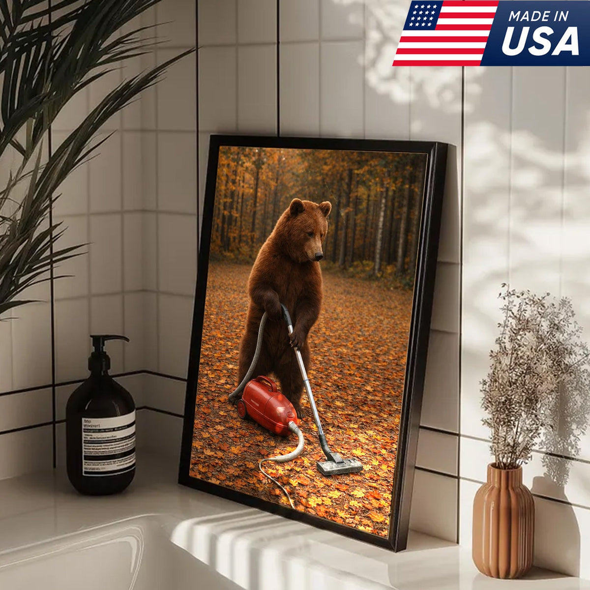 Funny Bear Vacuuming Leaves Canvas Wall Art, Whimsical Autumn Animal Humor Print