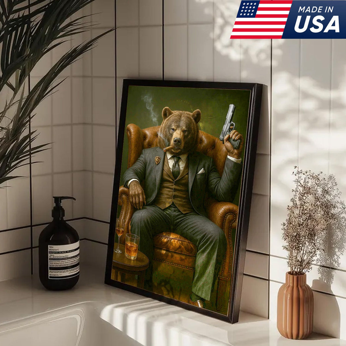 Boss Bear in Tailored Suit Canvas Wall Art, Powerful Gentleman Animal Portrait