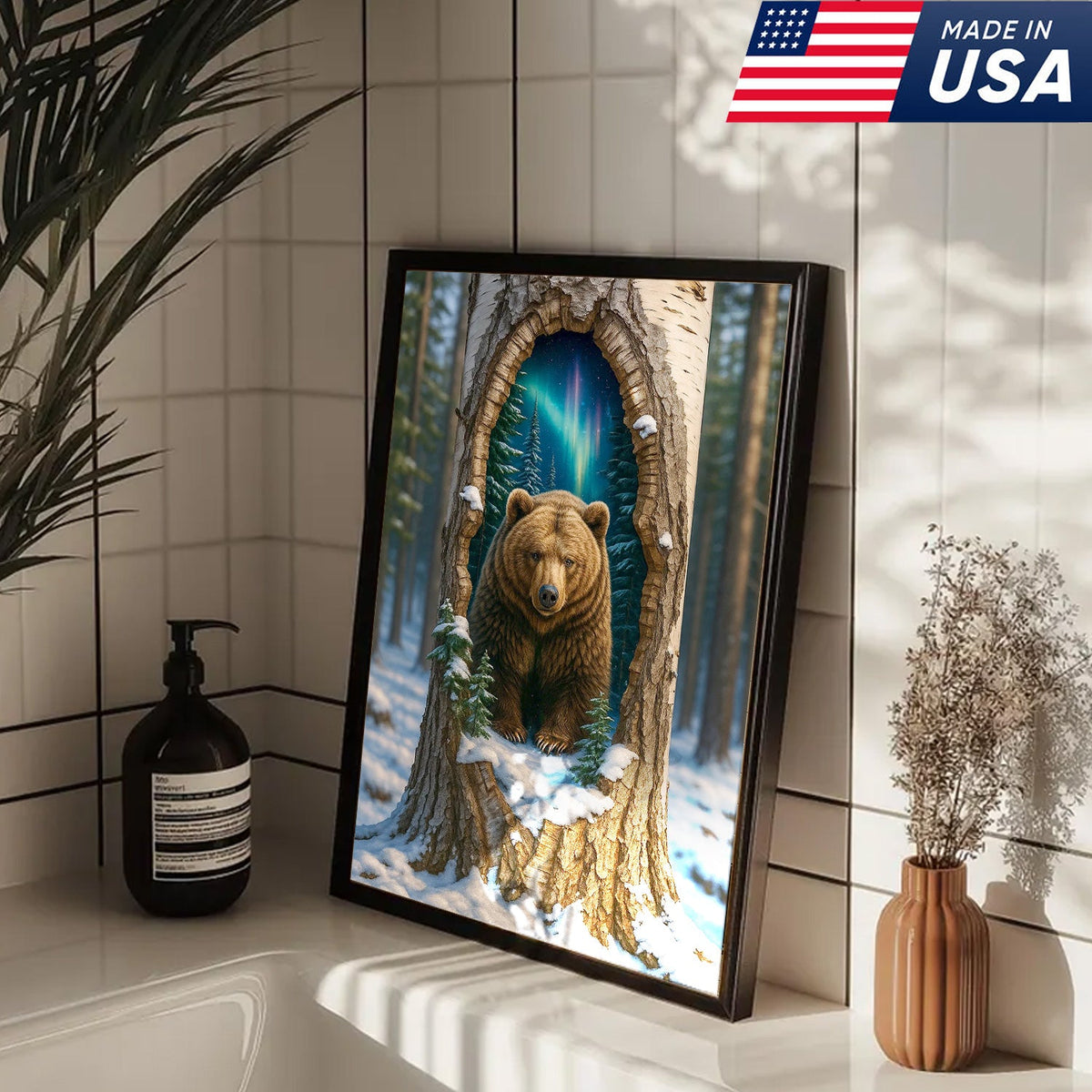 Aurora Borealis Bear in Hollow Tree Canvas Wall Art, Winter Forest Cabin Decor