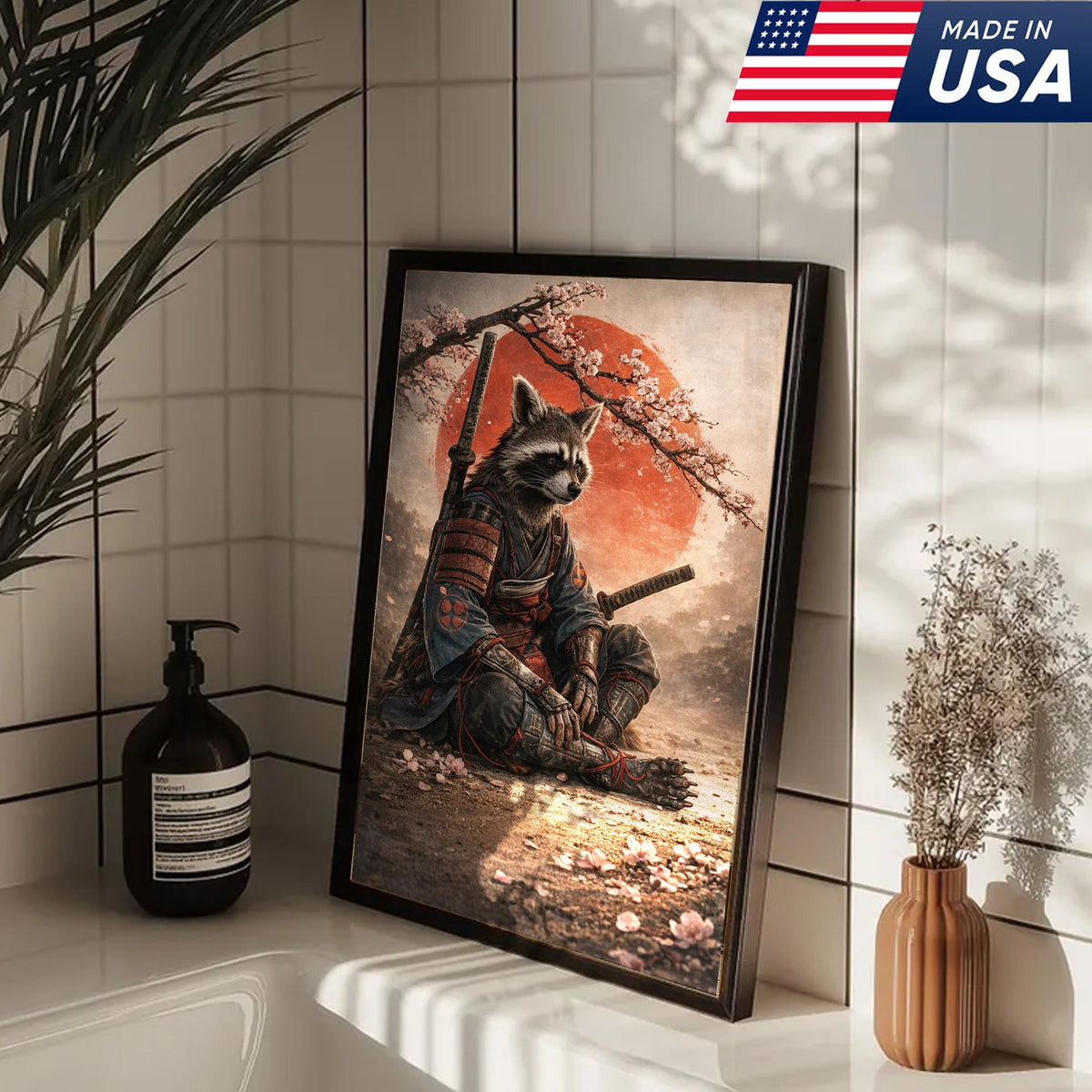 Samurai Raccoon Wall Art Canvas Print, Japanese Warrior Animal Illustration
