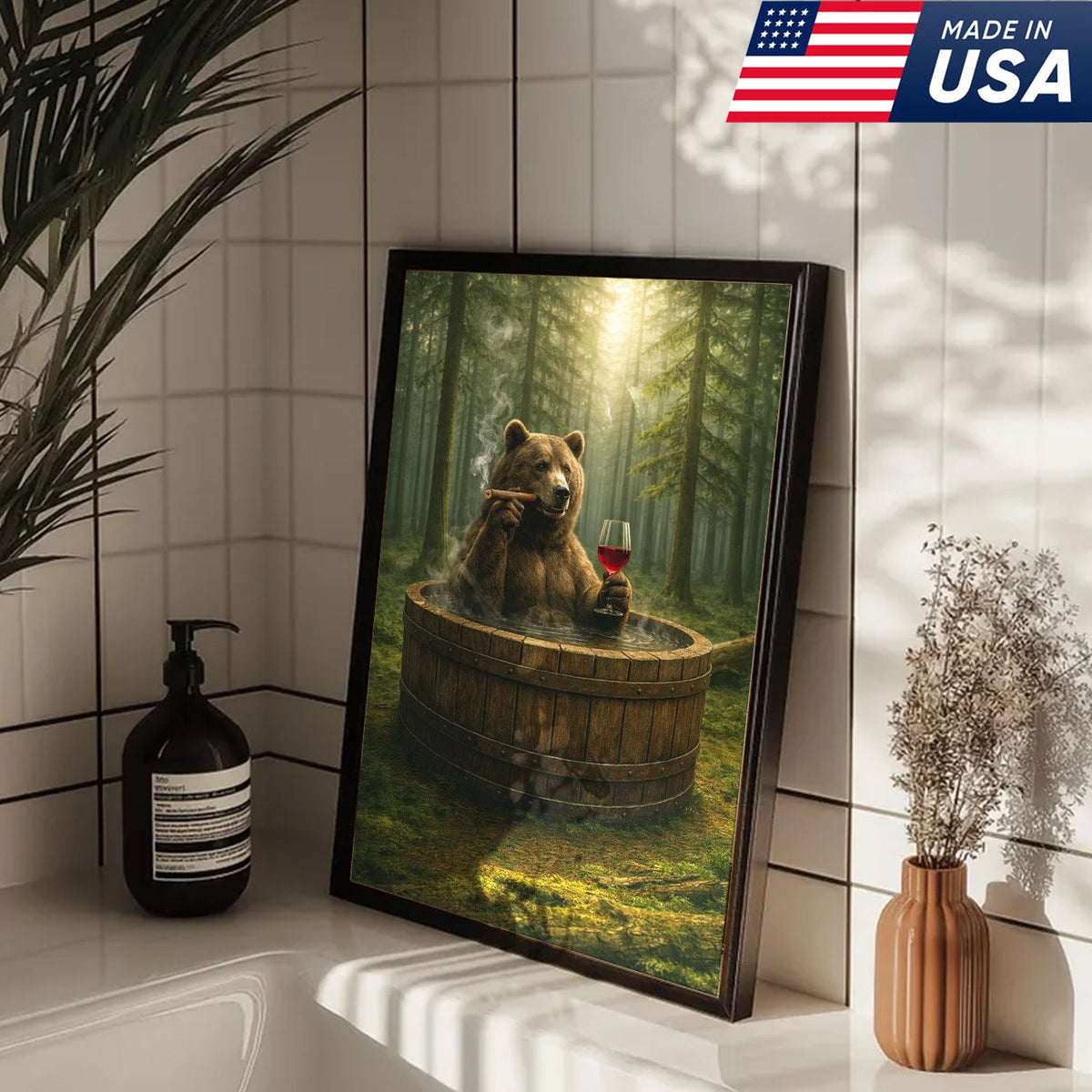 Relaxing Bear Forest Bath Canvas Wall Art, Whimsical Woodland Animal Illustration